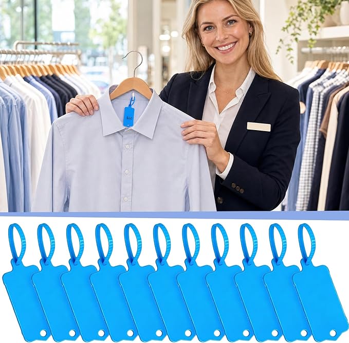 LeonBach 100 PCS Plastic Shipping Tags, 1.46" x 2.48", Waterproof Labels Writable Hanging Tag with Sealing Strap, Shipping Cable Tie Label Tags for Keys Luggage Logistic Retail Inventory(Blue)