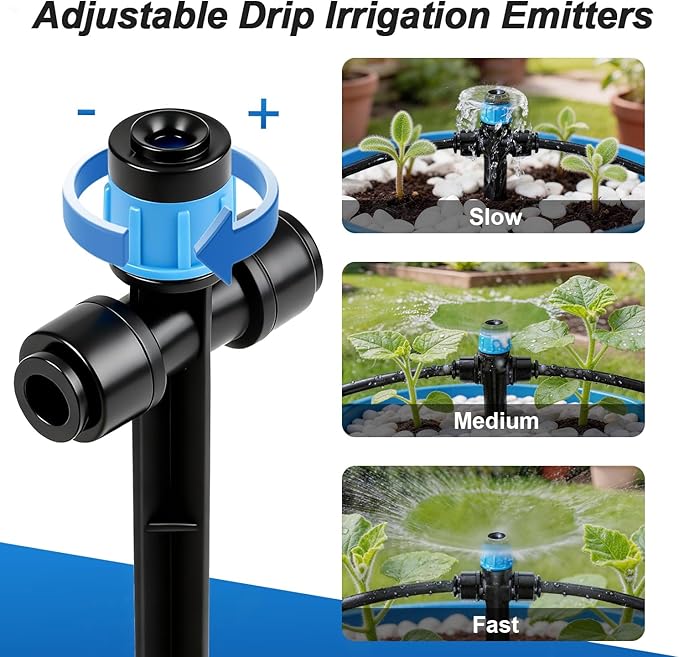 20 Pack Quick Connect 1/4 Inch Drip Irrigation Emitters, 1/4'' Drip in-line Pass Through Vortex Emitters Adjustable 360 Degree Dripline Stake Emitter with 10 Plugs for DIY Sprinkler Systems