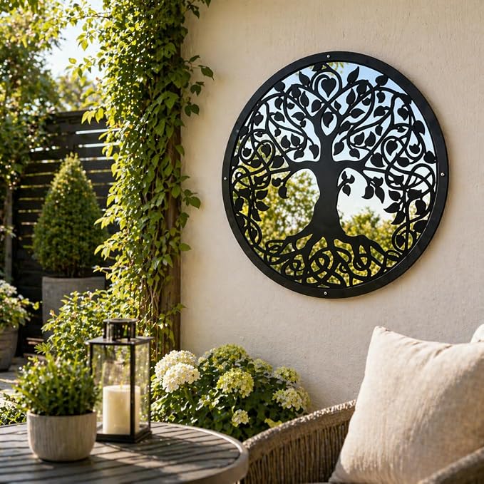 Sun Catcher Garden Decor Tree of Life Garden Mirror Range of Sizes Round Framed Mirror Outside Rust Resistant Acrylic Fixings Included Gift (42cm / 16.5 inch)
