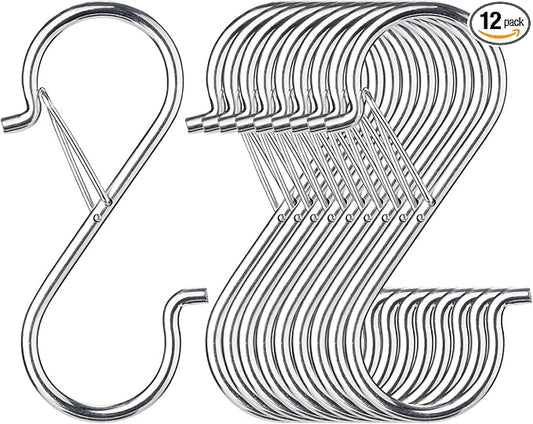 12 PCS S Hooks for Hanging with Safety Buckle, Metal S Shaped Hooks Fit for 0.5 Inch Rod Diamater, for Kitchen Utensil, Cups, Pots, Plants, Bags, Hats (Silver)