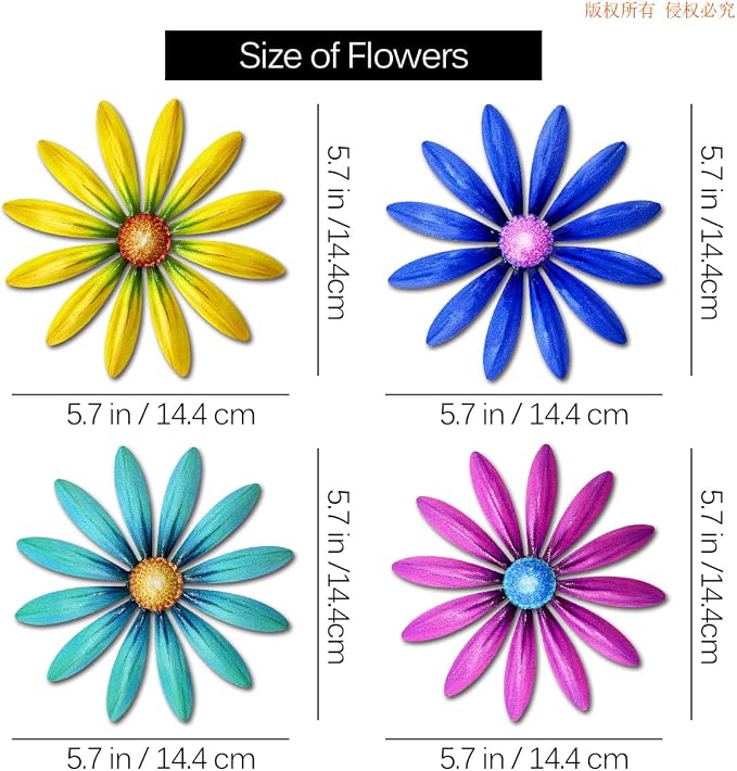 Giyyomtr Metal Flowers Wall Decor - 4pcs 6.2'' Metal Wall Art Hanging Decorations for Outdoor Fence Garden Yard Patio Exterior Wall Decor