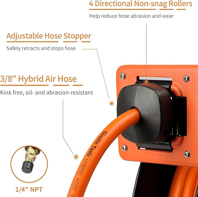 Giraffe Tools TA10 Retractable Air Hose Reel Swivel with 3/8 in. x 25 ft Hybrid Hose Max 300 PSI, Industrial Wall Mounted Compressor Hose Reel Heavy Duty, Air Compressor Heavy Duty Steel Reel