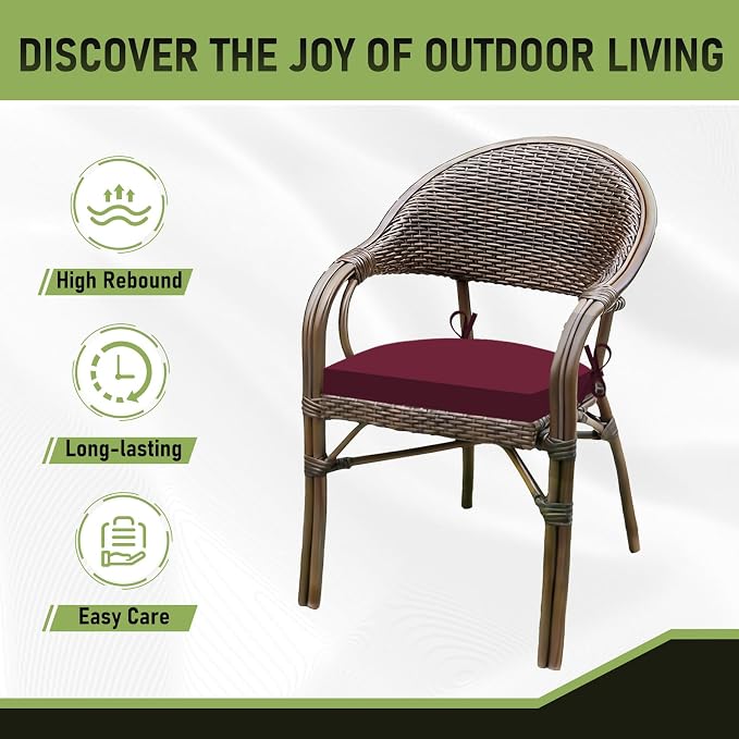 Basic Beyond Outdoor Chair Cushions Set of 4, Outdoor Cushions for Patio Furniture, Water Resistant Patio Chair Cushions with 2 Ties, 17x16x2, Burgundy