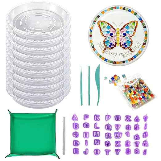 10 Set Reusable DIY Stepping Stone Mold Kit for Family Includes Round Cement Molds, Mosaic Tiles,Letter Mold Tiles,Carving Tools,Mat & Wire Outdoor Walkways Pavement Decoration ((10")
