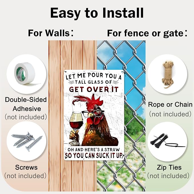 KBKBART Funny Chicken Gifts Chicken Let Me Pour You A Tall Glass of Get Over It Metal Tin Sign for Home Farm Chicken Coop Farmhouse Kicthen Garden Decor 8 X 12 Inch