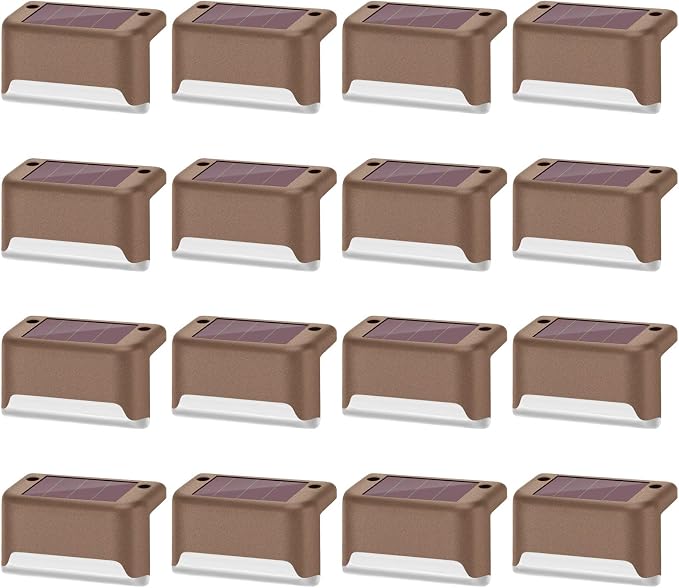 DenicMic 16 Pack Solar Deck Lights Outdoor Waterproof 4000K Warm White LED | Step Fence Patio Yard Stair Railling Pool Side Balcony Front Porch Outside Deck Lighting Decorative 5 Lumen ABS Brown Shell