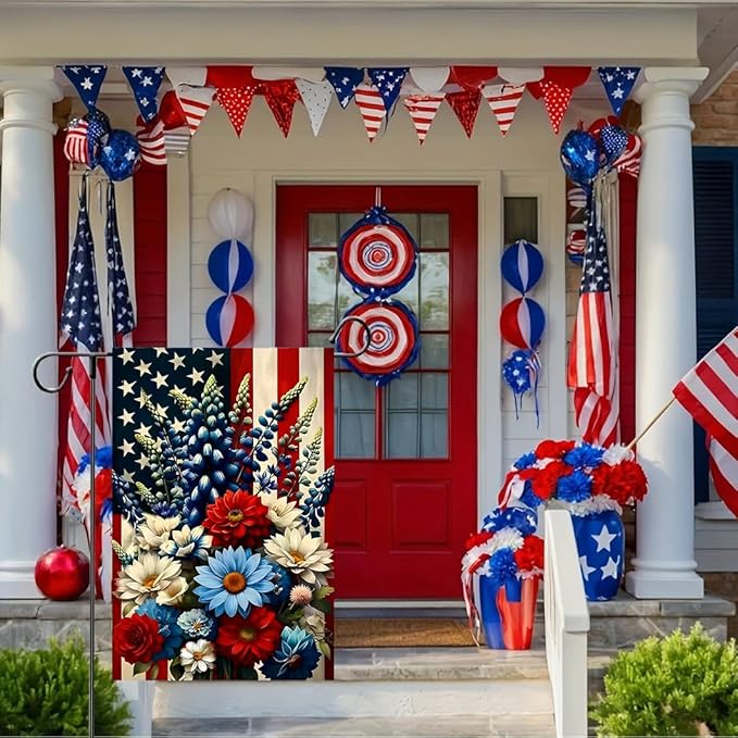 4th of July Patriotic Garden Flags 12x18 Double Sided, Small Burlap Summer Memorial Day Independence Day Floral Garden Flag Fourth of July Decorations Outdoor Yard Flags for Outside Lawn Porch Decor