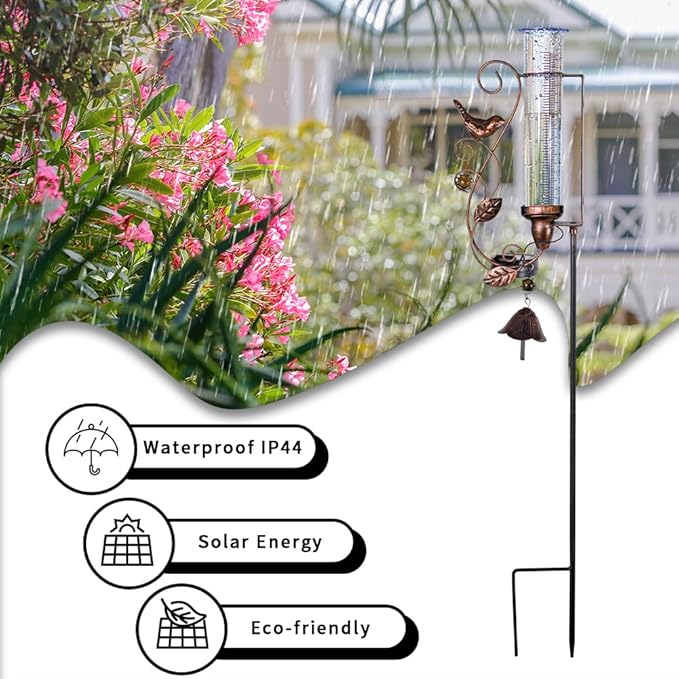 Rain Gauge Outdoor, Solar Rain Gauges with 7" Plastic Tube, Hummingbird Metal Rain Gauge with Decorative Bell for Garden Yard Lawn Decor