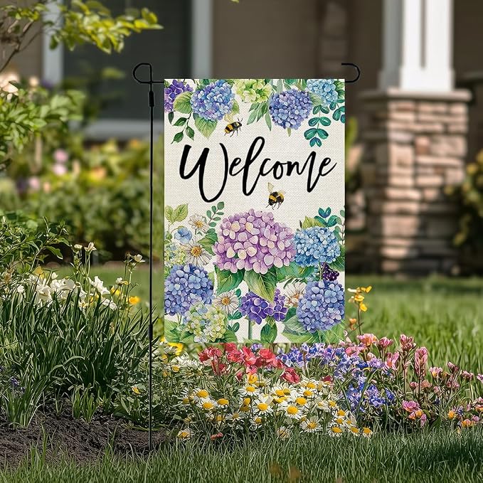 CROWNED BEAUTY Spring Garden Flag Floral Hydrangea Double Sided 12x18 Inches Small Burlap Welcome Holiday Seasonal Yard Decoration for Outside Porch CF1751-12