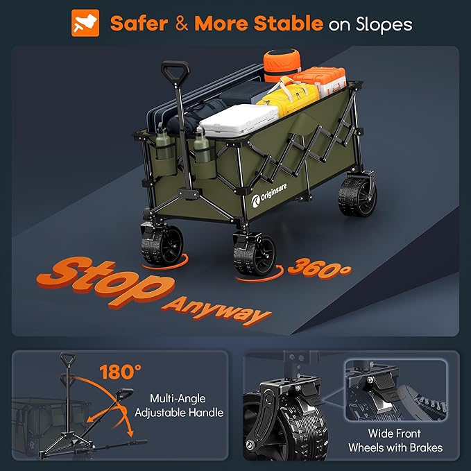 Originsure 220L Collapsible Wagon Cart Foldable, 460lbs Load Capacity Heavy Duty Folding Beach Wagons with Big All-Terrain Wheels, Utility Carts for Groceries, Shopping, Camping, Sports - Green
