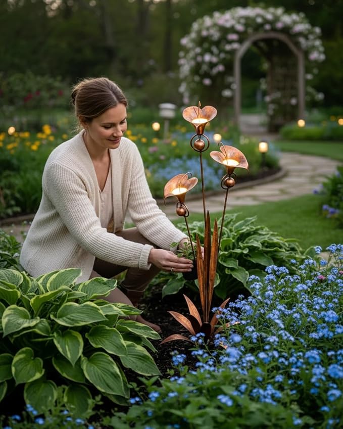 2026 Flamed Copper Three Calla Lilies Garden Stake with Bells, Rain Catcher Flower Handmade 24inch Large Whimsical Metal Plant Sculpture Yard Art Decor, Rustic Wind Chime Ornament Gift
