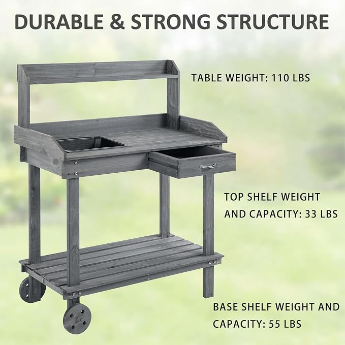 Potting Bench with Sink 36'' Garden Work Bench Mobile Planting Table with Wheels Drawer and 3-Tier Shelves for Patio Backyard Greenhouse Gray