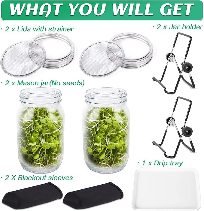 Kikerike Seed Sprouting Jar Kit with 2 Wide Mouth Mason Jars Bean Sprouts Growing Kit Microgreens Growing Jar with Mesh Screen Lids Sprouter Sprouts Maker for Growing Broccoli, Alfalfa, Mung Bean