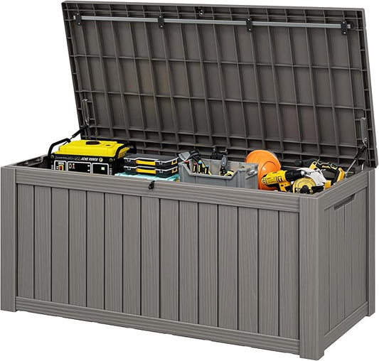 150 Gallon Outdoor Storage Box, Resin Deck Boxes Outdoor Waterproof For Patio Furniture, Garden Tools, Pool Supplies, Lockable And UV Resistant (Striped Gray)