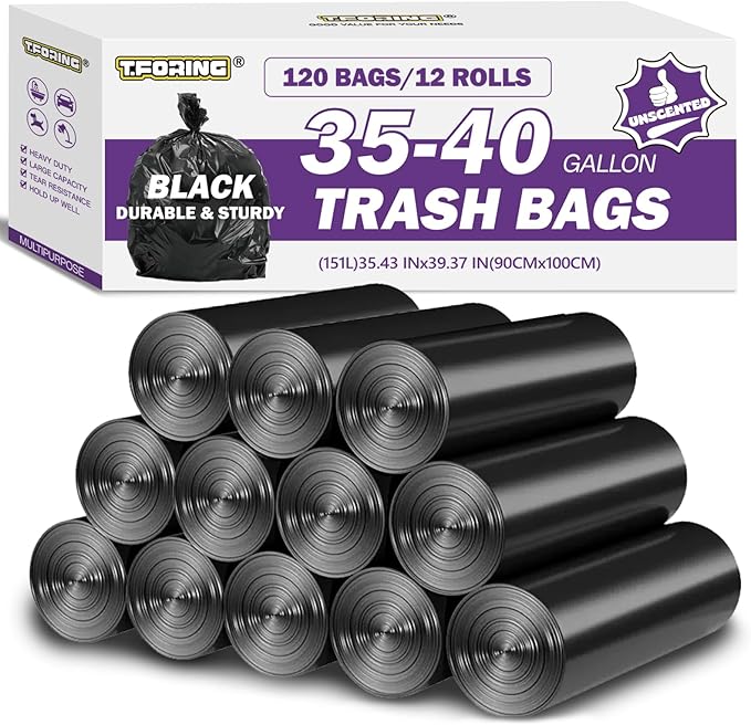 35-40 Gallon Trash Bags Unscented, 35'' x 40'', Black, 120 Count | Large 30+ Gal Garbage Bag,Plastic Can Liners,Fit 112 - 131 Liter Bins,Multipurpose for Home, Commercial Use,Yard Waste, Bulk