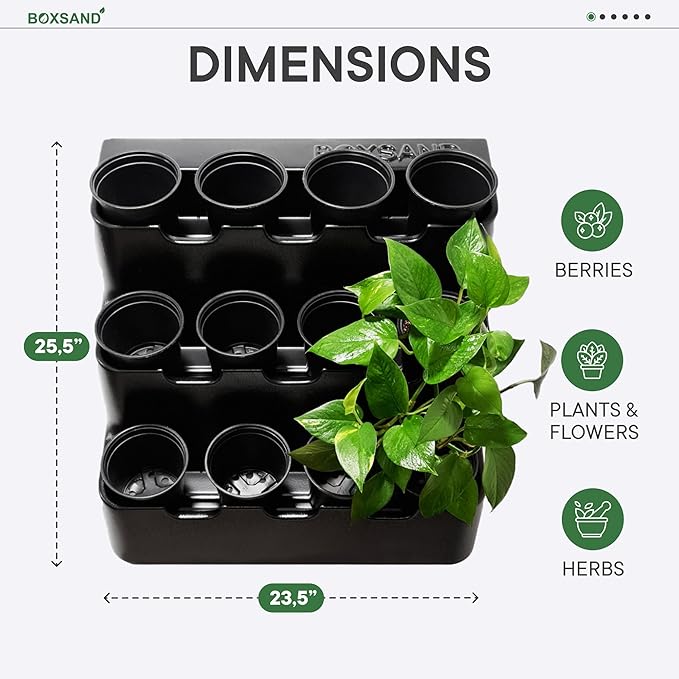 BOXSAND-12 Vertical Wall Planter (24"x26", Black with Black Pots) – Living Wall for 12 Plants, Indoor/Outdoor Vertical Garden System, Easy 2-Screw Install