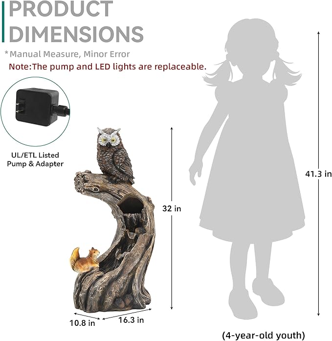 32" H Resin Owl Tree Trunk Fountain Outdoor, Forest Style 4-Tiers Water Feature Outdoor with Lights, Soothing Cascading Waterfall for Patio, Backyard, Garden or Porch