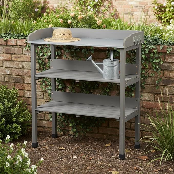 30" Outdoor Potting Bench Table with Metal Tabletop, Wooden Potting Table, 3 Tier Garden Work Bench Shelf with Hooks & Adjustable Feet for Patio Porch Balcony, Grey