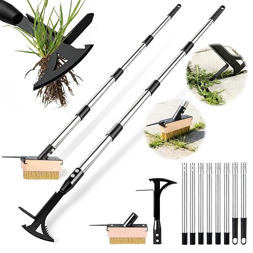 2 Crack Weeder Tool Set—5.1in Extended Metal Crevice Weeding Brush & Multi-Blade L-Shape Manganese Steel Weed Puller,Weeding Moss Remover Tool for Weeding