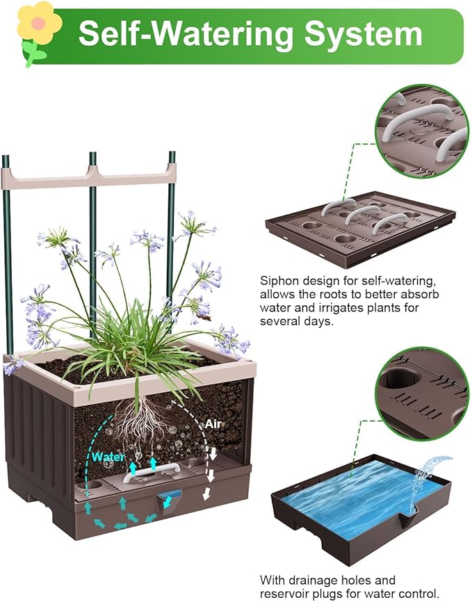 Raised Garden Bed Planter Boxes with Trellis,61.4" Self-Watering Trellis with Planter Box for Climbing Plants Flowers Vegetables,Use for Indoor Outdoor