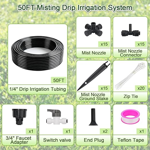 50FT Drip Irrigation System Kit, Garden Watering System with Quick Connectors 1/4 inch Drip Tubing & Quick Connect Fittings Adjustable Mist, Watering System for Outdoor Plants