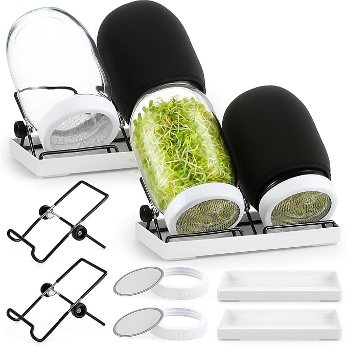 LemonRoad 18 Pcs Seed Sprouting Kit with 1000 ml Mason Jars and Blackout Sleeve, Separate Bracket 316 Stainless Steel Screen, Drain Tray Grow Organic Broccoli, Alfalfa, Mung Bean Sprouts