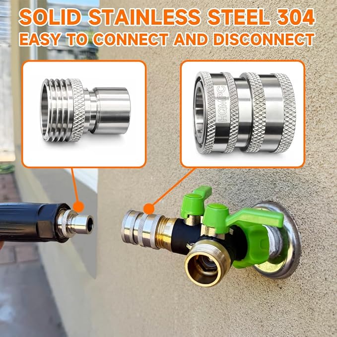 HQMPC Stainless Steel Garden Hose Quick Connect Fittings Set 3/4 inch GHT Stainless Steel 304 Garden Hose Quick Connector Easy Connect Fitting 2 SETS With 4 Gasket