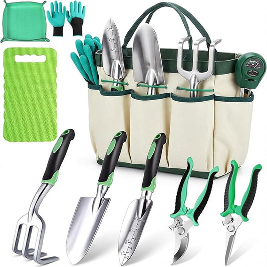 10PCS Heavy-Duty Garden Tools Set for Beginners - Rust-Proof Aluminum Garden Kit with Soil Tester, Repotting Mat & Kneeling Pad, Perfect Gardening Gift for Women, Mom & Beginners