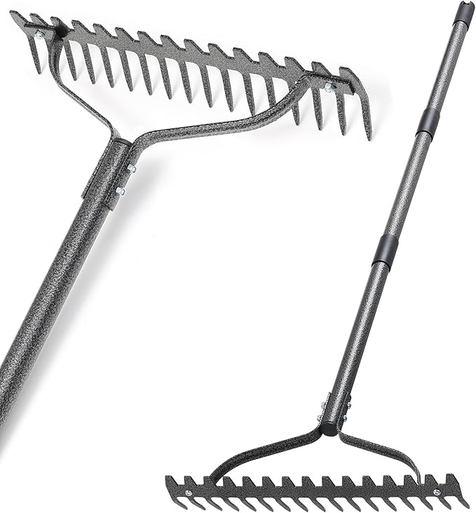 Bow Rake, Heavy Duty Metal Garden Rake for Looseing Soil, Leveling Lawn and Cleaning Leaves, 63" Long Handle Ergonomic Thatch Rake with 17 Tines for Yard,Farm,Lawn,Garden