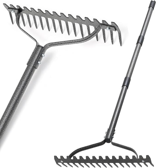 Bow Rake, Heavy Duty Metal Garden Rake for Looseing Soil, Leveling Lawn and Cleaning Leaves, 63" Long Handle Ergonomic Thatch Rake with 17 Tines for Yard,Farm,Lawn,Garden