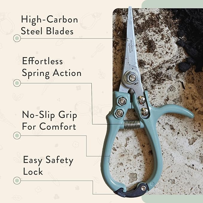 Modern Sprout Pruning Shears - Herb Snipping Scissors- Lightweight Gardening Tools W/Easy Lock - Flower Cutter Garden Shears - Gift for Father's Day- Carbon Steel Blade + Reusable Holster(Sage,1-Pack)