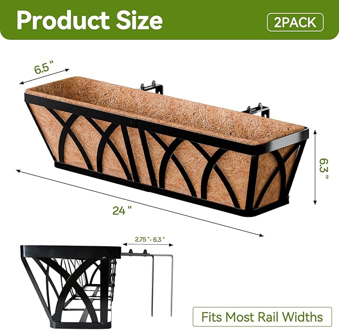 Halatool 24 Inch Railing Planter Box, 2 Pack Window Boxes Planters, Balcony Flower Boxes with Coco Liner & Adjustable Brackets, Hanging Planter Box for Outdoor Fence, Deck, Porch & Garden