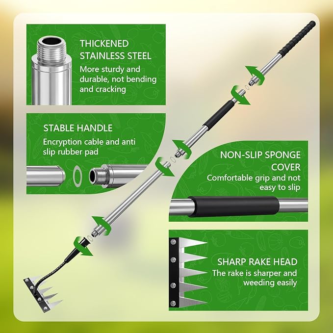 Garden Hand Rake Tool Carbon Steel, Long Handle Weeding Garden Rake, Forged Iron Weeding Rake, Thickened 5 Teeth Carbon Steel Garden Weeding and Leaf Removal Tools