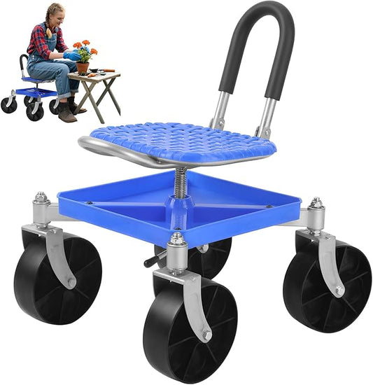 Garden Cart Rolling Stool with Four Wheels and Tool Bag, 360° Rotation Stable Workseat Sturdy Cart, Adjustable Seat Height & Direction, for Outdoor Lawn Yard Patio, Blue (Blue)