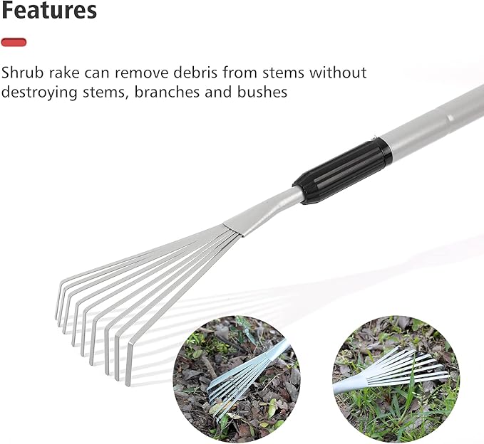 Extendable Handle Rake,Shrub Rake,for Clean up Debris Lawn Shrub Bush and Flowers