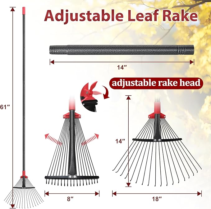 Adjustable Metal Leaf Rake for Leaves, 76-Inch Long Handle Yard Rake with 18 Metal Tines & 8-18" Expandable Head, Lightweight Garden Rake for Lawns, Grass Clippings, Pine Needles