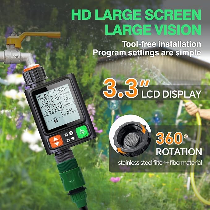 Sprinkler Timer for Garden Hose, Upgrade 10 Programmable Water Timer with Auto Rain Delay, IP54 Waterproof 3.3“ Large LCD Drip Irrigation System Timers for Plant, Yard, Lawns, Outdoor