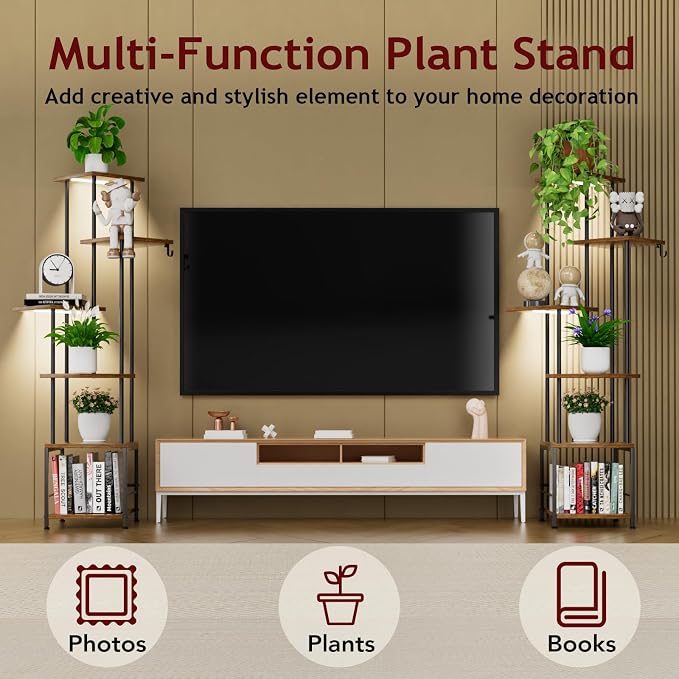 Homsorout Plant Stand Indoor with Grow Light - 6-Tier Metal Plant Shelf with Hanging Basket Hook, Corner Tall Flower Holder for Multiple Plants, Living Room Balcony Garden Patio, Rustic