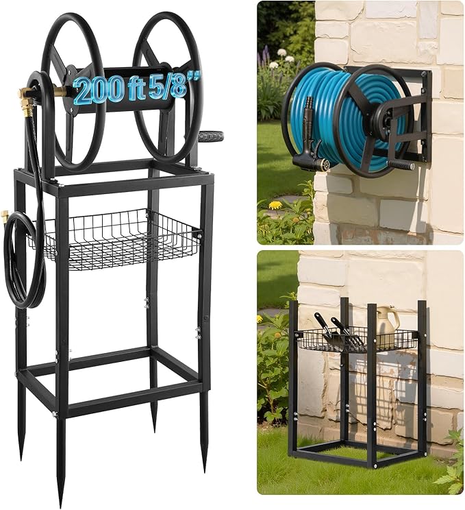 VEVOR Freestanding Garden Hose Reel, Holds 200 Feet of 5/8-inch Hose, Wall Mount or Ground Mount, Detachable Holder Stand with Storage Rack, 5 ft Leader Hose, Brass Fitting, 4 Spikes, for Backyards