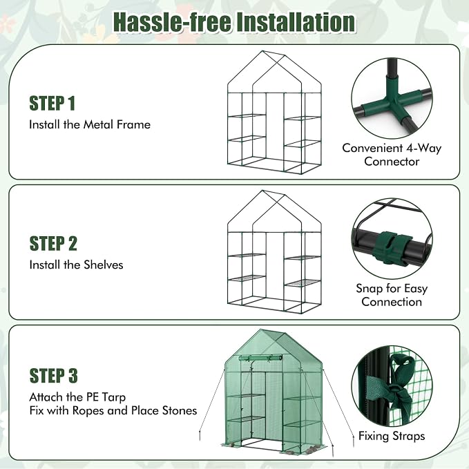 Giantex Walk-in Greenhouse, 4 Tier 8 Shelves, Portable Plant Garden House Indoor Outdoor Mini Growing House for Herb Flower Succulent, Zipped Door, Metal Frame, Patio Lawn Yard