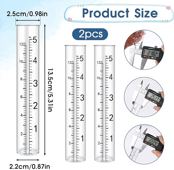 SynHHergyx 2 Pcs 5" Rain Gauge Replacement Tubes for Outdoor Plastic Rain Gauges for Garden Yard Home, Clear Rain-Gages, Diameter 0.87"/2.2cm; Top Diameter: 0.94"/2.4cm