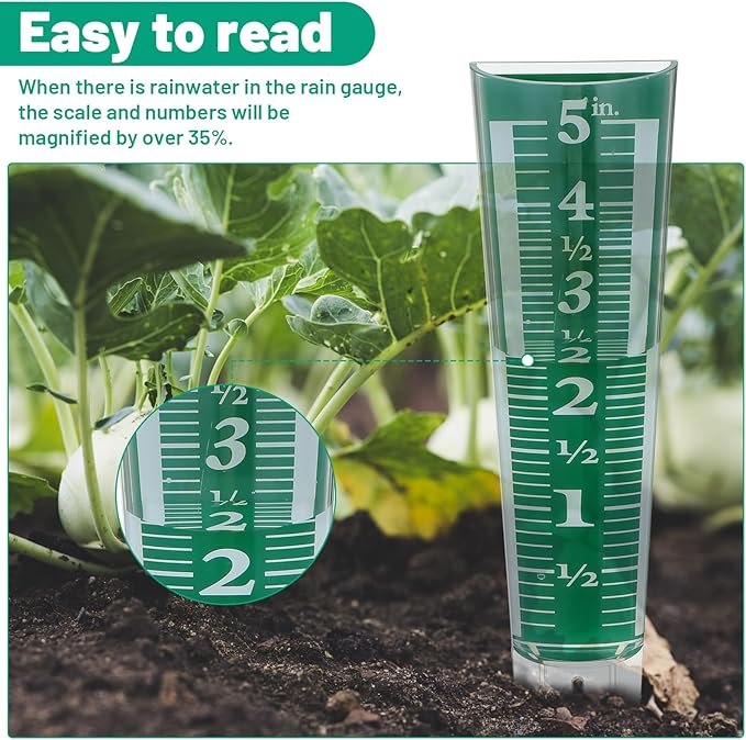 6 Pcs Rain Gauge Outdoor, 5 Inch Capacity Plastic Easy to Read Rain Gauges Measure and Monitor Precipitation Magnifying Scale and Numbers for Garden Yard Field Lawn (Blue, Green)