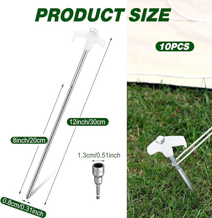 Hicarer 10 Pcs 12 Inch Tent Stakes Screw in Camping Stakes Heavy Duty Metal Spikes Ground Anchor Peg Threaded Tent Spikes with Hex Head Driver for Camping Garden Inflatable (Luminous White)