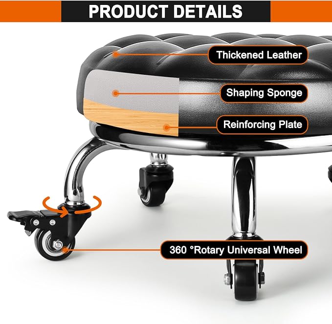 FLOLXNB Low Rolling Stool, Low Stool with Wheels, PU Leather Low Roller Seat Chair, Rolling Seat Stool for Home Office Garage Shop (Style 1)