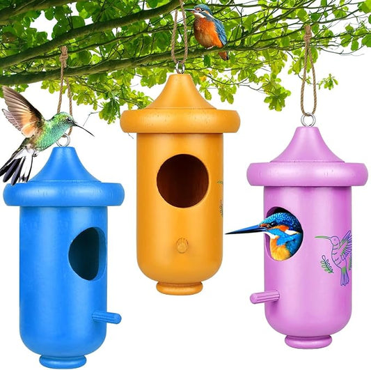 Hummingbird House for Outside Hanging, Garden Window Decorative Wooden Humming Bird Nest 3 Pack Blue Yellow Purple, Hummingbird Gifts for Garden Lovers, Great Home Decoration