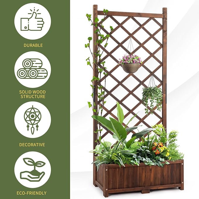 Wood Planter Raised Garden Bed with Trellis, 67 Inch Height Outdoor Garden Flower Standing Planter Box Lattice Panels with Planter for Patio Porch with Drainage Holes, Brown