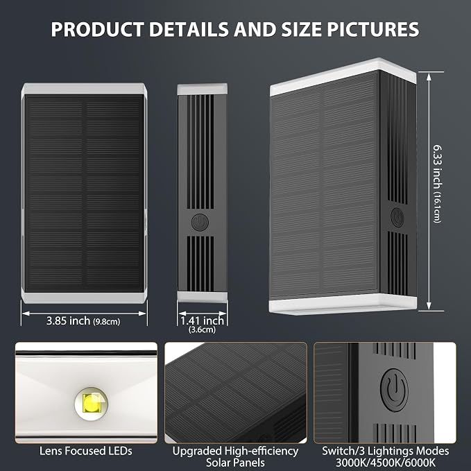 Solar Wall Light Outdoor , 3000/4000/6000K 3 Modes Dusk to Dawn Lighting Wall Sconce IP67 Waterproof Up and Down Solar Lights Outdoor Front Door Light for House, Garage, Porch, Doorway,Fence (6PACK)