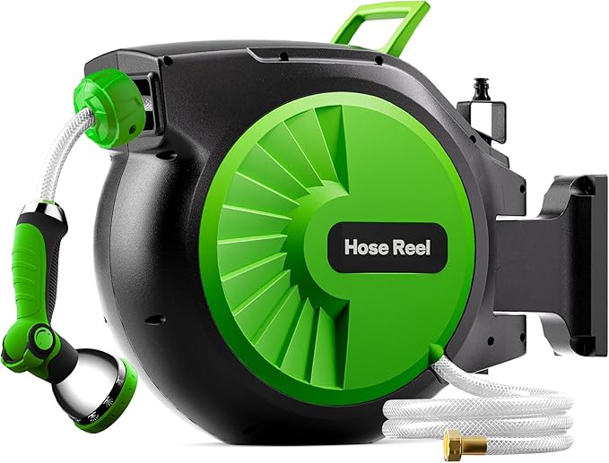 Retractable Garden Hose Reel 150FT x 1/2 in, Wall Mount Water Hose Reel for Outside with Auto Rewind, Tangle-Free Guide, 180° Swivel Bracket, Lock at Any Length, High-Pressure Flow, 10-Pattern Nozzle