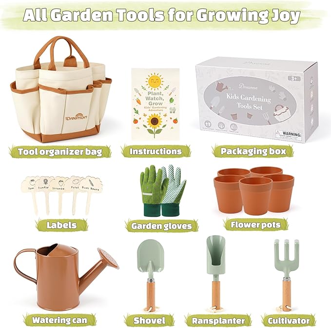 Kids Gardening Set, Quality Gardening Tools Outdoor Toys Set for Kids Toddler, Includes Tote Bag, Gloves, Watering Can, Shovel, Rake, Cultivator, Garden Tool Kit Learning Outdoor Gifts for Boys Girls