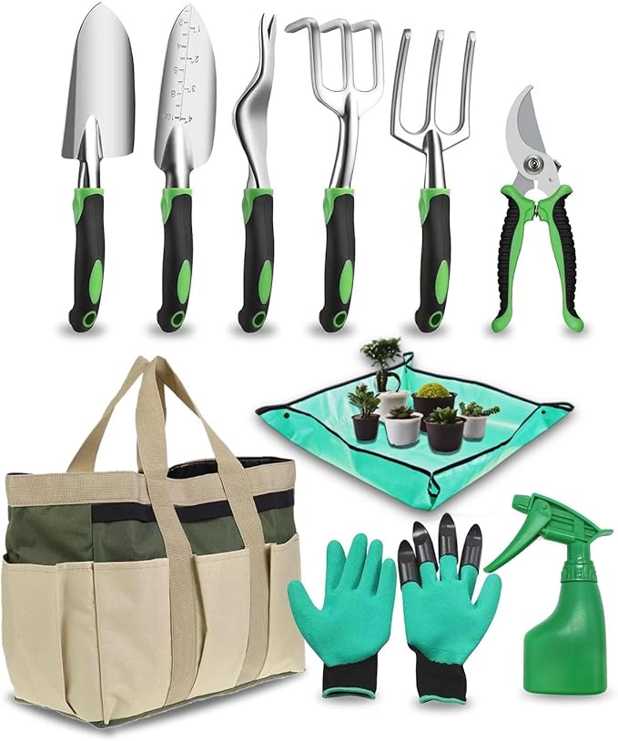 Garden Tools Set, 10 Piece Gardening Tools Set, Heavy Duty Gardening Hand Tools with Non Slip Ergonomic Handle, Storage Garden Bag, Gardening Gifts for Women and Men (Professional Set (10 PCS))